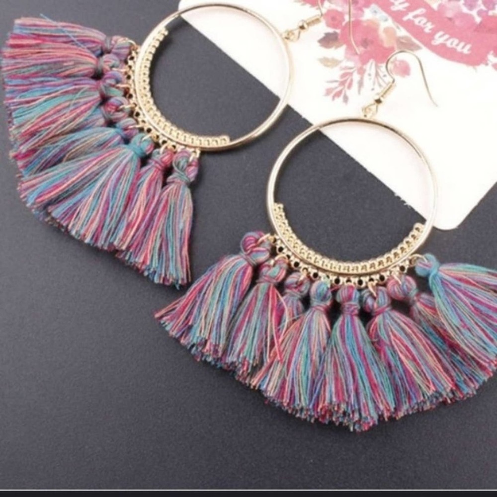 Hoop Fringe Earrings Rainbow Multi Color Boho Gold